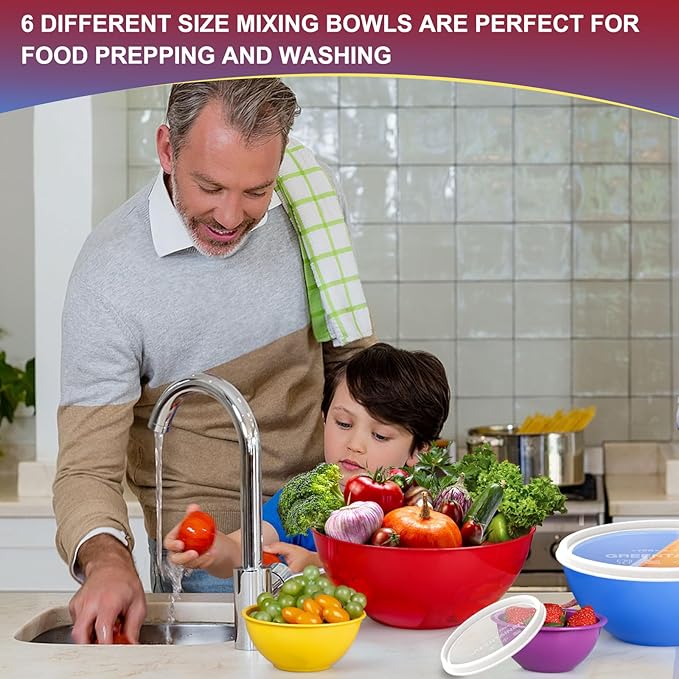 6-Piece Plastic Mixing Bowls Set with Airtight Lids, Nesting Bowls for Space Saving, TPR Sealed & PP5 Leak-Proof Lids, for Baking, Prepping & Serving, Dishwasher Safe (Red)