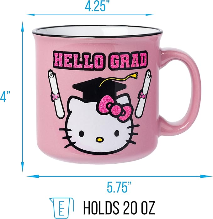 Silver Buffalo Sanrio Hello Kitty "Hello Grad" Graduation Glitter Ceramic Camper Mug, 20 Ounces