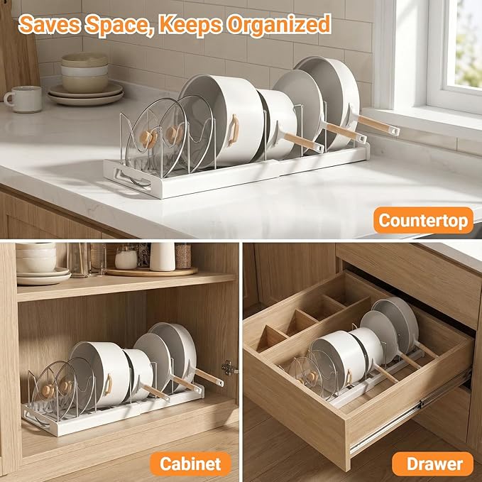 Expandable Pot and Pan Organizer Rack for Cabinet, Pot Lid Organizer Holder with 7 Stainless Steel Adjustable Dividers for Kitchen Cabinet Organizer and Storage (White)