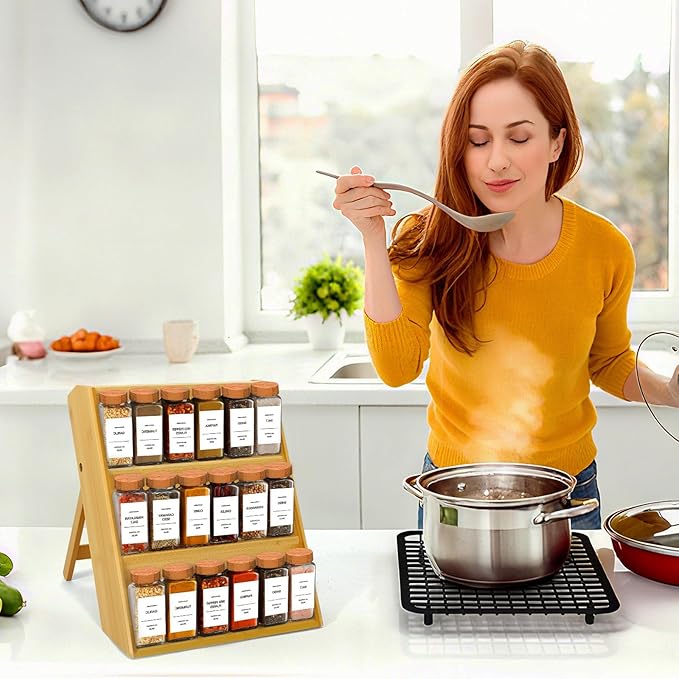 Bamboo Spice Rack Organizer, 3 Tier Spice Shelf Stand for Kitchen Countertop, Wood Folding Spice Rack for Cabinet