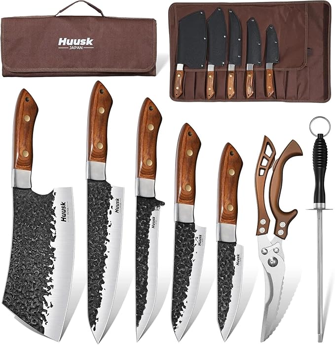 Huusk Butcher Knife Set - Hand Forged Meat Cleaver & Boning Viking Knives & Chef Utility Knives, Japanese Chef Knife Set with Bag for Camping, BBQ, Christmas Gifts for Men Women