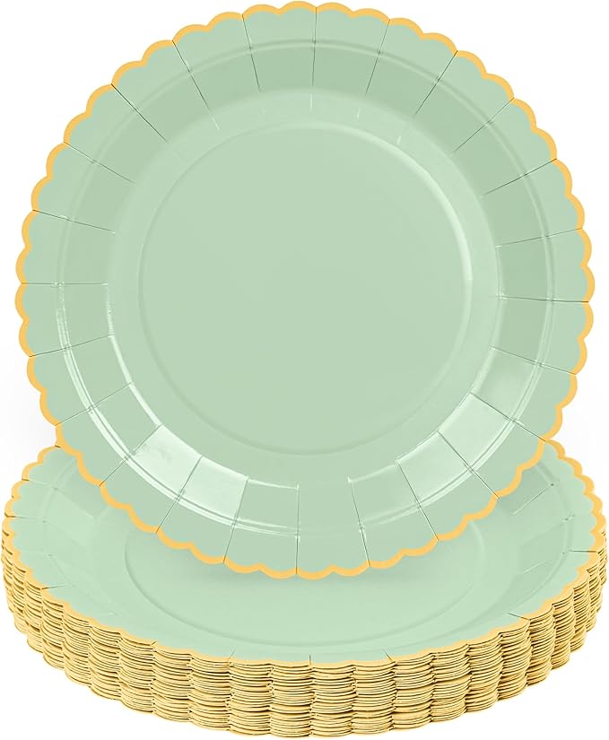 30 Pcs Sage Green Paper Plates, 9 Inch Easter Plates Sage Green Dessert Plates with Gold Scalloped Edge, Disposable Baby Shower Dinner Plates Party Supplies for Baby Shower, Wedding, Birthday