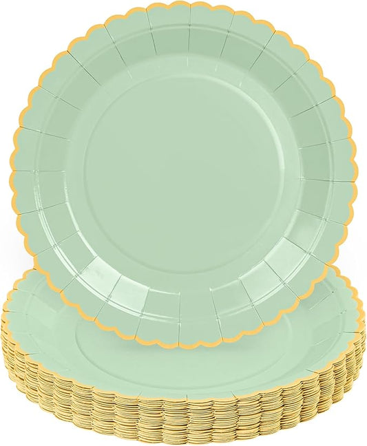 30 Pcs Sage Green Paper Plates, 9 Inch Easter Plates Sage Green Dessert Plates with Gold Scalloped Edge, Disposable Baby Shower Dinner Plates Party Supplies for Baby Shower, Wedding, Birthday