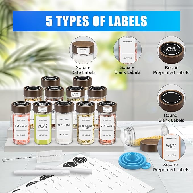 VIBRATITE 12 Pack Spice Jars with Acacia Lids, 4 oz Round Glass Jars Spice Containers Set with Labels, Pen, Funnel, Seasoning Storage Bottles with Shaker Lids for Rack, Cabinet, Drawer