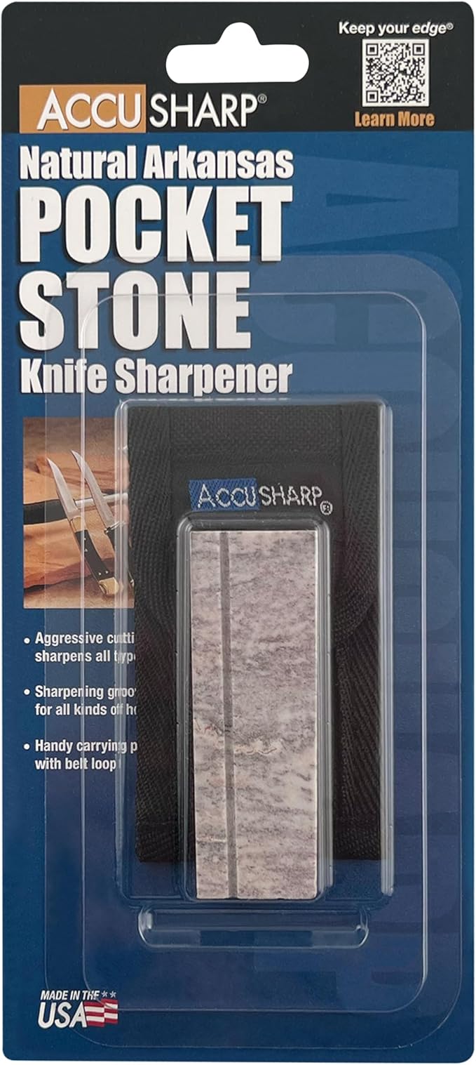 AccuSharp Pocket Stone Sharpener with Pouch, 3 Inch Dual-Sided Sharpening Stone for Knives, Fish Hooks, Camping, Hunting Knives, Restores, Repairs & Hones Blades, Natural