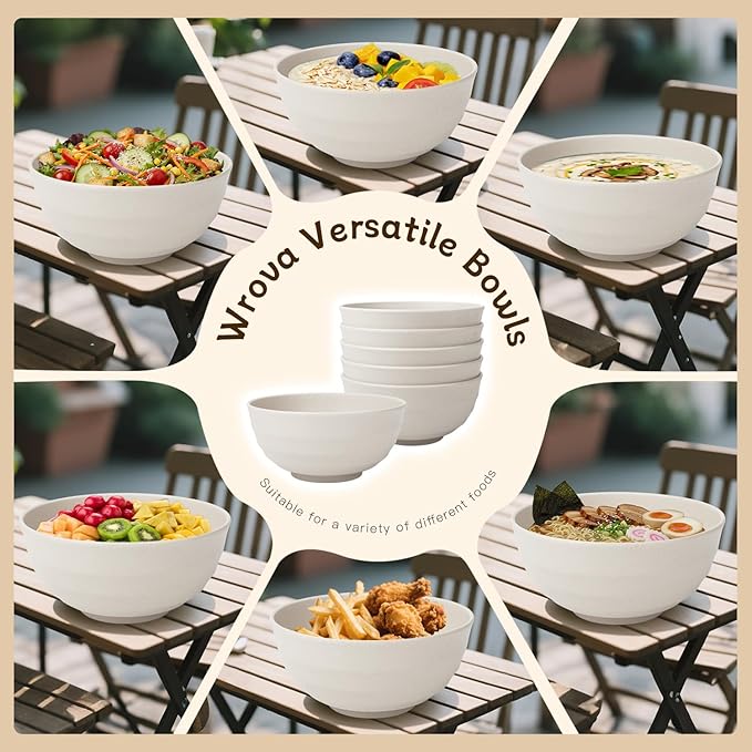 Wrova 60oz Wheat Straw Bowls Set of 6 - Unbreakable large Serving Bowl for Kitchen, Plastic Bowls Microwave Safe Cereal and Salad Bowls, Lightweight Large Chip Bowls for Party,Dorm- White