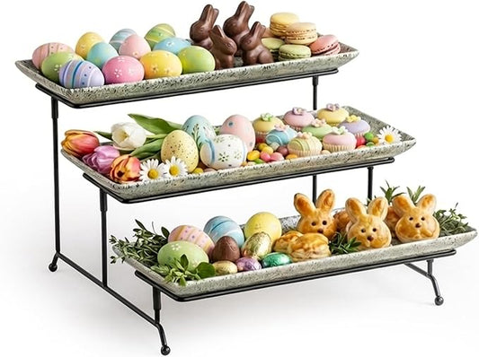 LAUCHUH 3 Tier Serving Trays for Party, 14 inch Dessert Party Display Stand Serving Platters and Trays with Collapsible Sturdier Rack for Mother's Day Serving Food, Speckled Gray