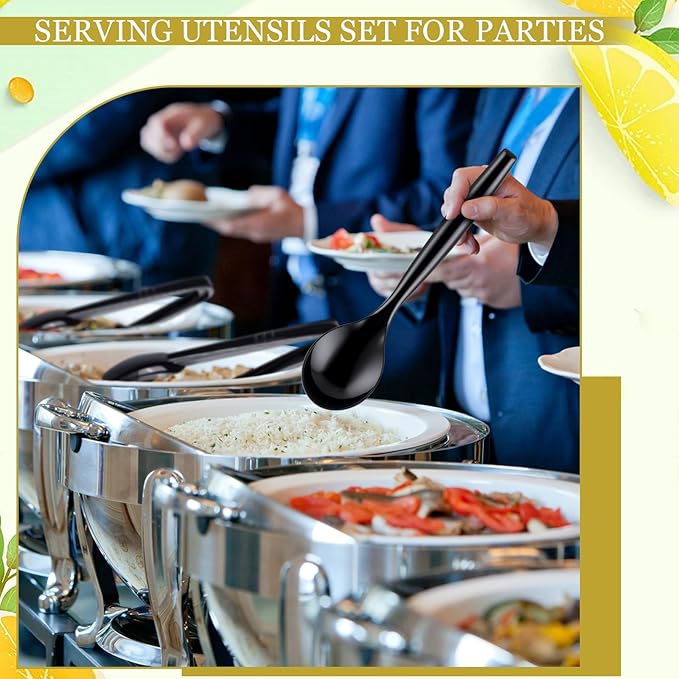 Mwellewm 18Pcs Serving Utensils, 10'' Plastic Serving Utensils Set, Disposable Serving Spoons for Buffet, Large Serving Tongs for Food, Heavy Duty Party Supplies for Salad Soup Cooking Catering(Black)