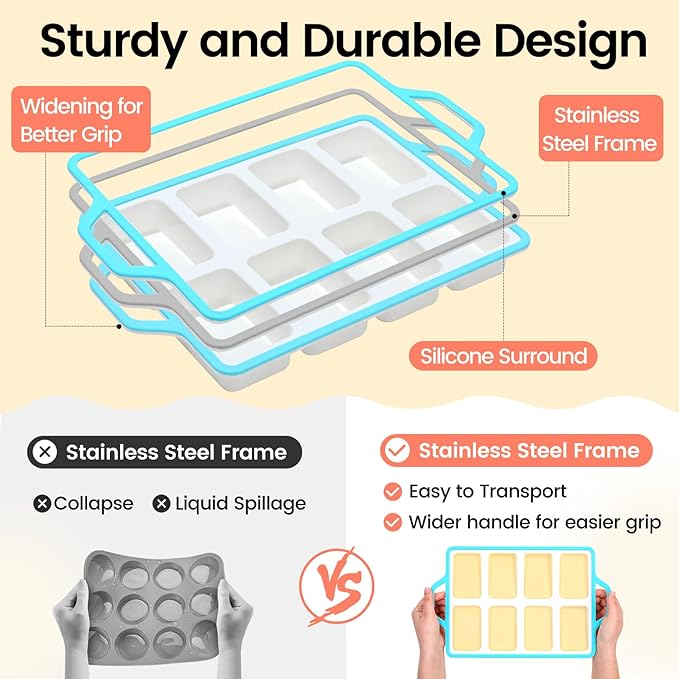 SJ Silicone Mini Loaf Pans with Metal Reinforced Frame-2 Pack, Non-stick Silicone Mini Bread Loaf Pans for Baking 8-Cavity, Tiny Banana Bread Set, Dishwasher Safe Brownie Pan-Blue
