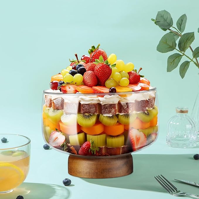 NiHome 123oz Large Glass Trifle Bowl with Elegant Acacia Wood Stand, Versatile Serving Dish for Cakes, Salads, Desserts, Stylish Display for Parties, Weddings, Special Occasions, Durable Easy to Clean