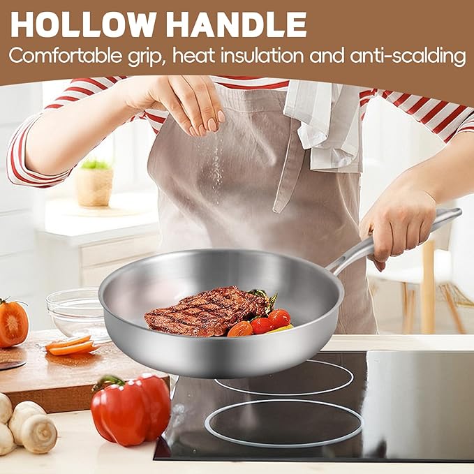GOLDEN KEY 12 Inch Tri-Ply Stainless Steel Frying Pan with Lid - PFOA/PTFE-Free, Even Heating, All Cooktop Compatible, Oven Safe 500°F, Dishwasher Safe for Searing, Sauteing, Roasting & Frying