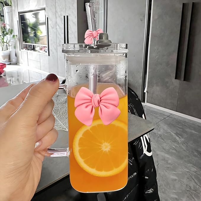 13Oz Square Glass Cups with Lids and Straws，Heat Resistant Glass Tumbler with Handle Bow Knot Transparent Drinking Glasses for Water,Juice,Iced Coffee,Milk,Tea (pink)