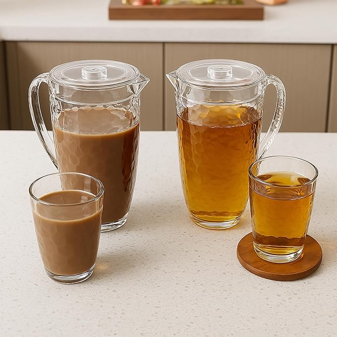 84 oz Crystal-Clear Pitcher with 4 Tumblers Set, BPA-Free Food-Grade Jug with 3-Position Lid & Spout – Large Beverage Pitcher for Party, Iced Tea, Lemonade, Sangria, Fridge-Black