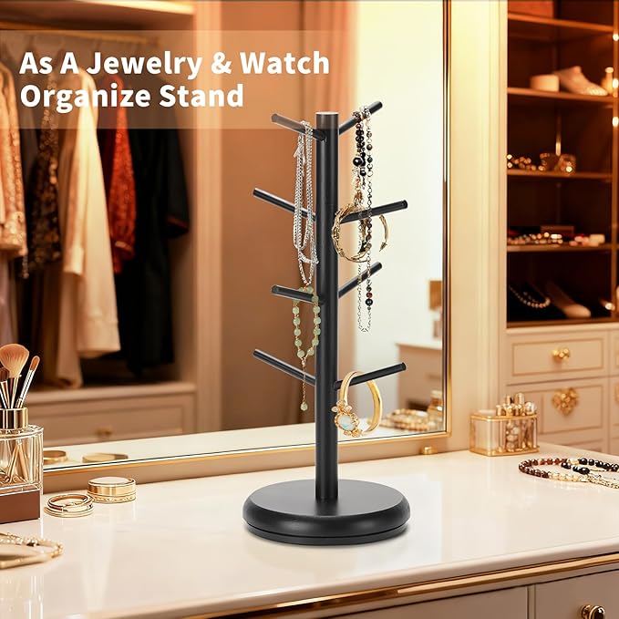 BAMBANG Coffee Mug Tree, 360° Rotating Bamboo Cup Holder Tree for Counter Top, Mug Rack with 8 Hooks, Mug Stand for Coffee Bar, Home, Black