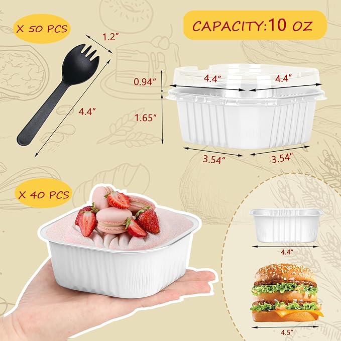 LNYZQUS 10oz Disposable Ramekins With Lids 40 Pack, Aluminum Foil Jumbo Cupcake Pan, Square 4”X4” Mini Cake Pan Browni Baking Cups Muffin Tin Dessert Cups For Wedding Party-White