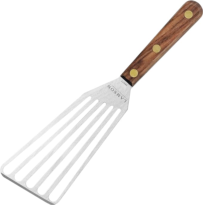 Lamson Metal Spatula Slotted Turner - 3' x 6" Stainless Flipper with Walnut Handle, Right-Hand - Chef's Frying Fish Turner, Metal Grilling Spatula