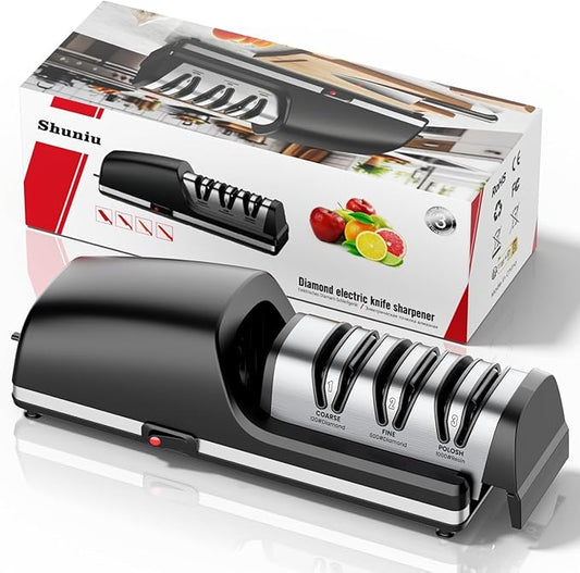 Professional Electric Knife Sharpener, 3-Stage Diamond Abrasive Sharpening System, Replaceable Sharpening Heads, 15° Precision Angle Guide for Kitchen Knives, Quick Blade Repair and Restoration