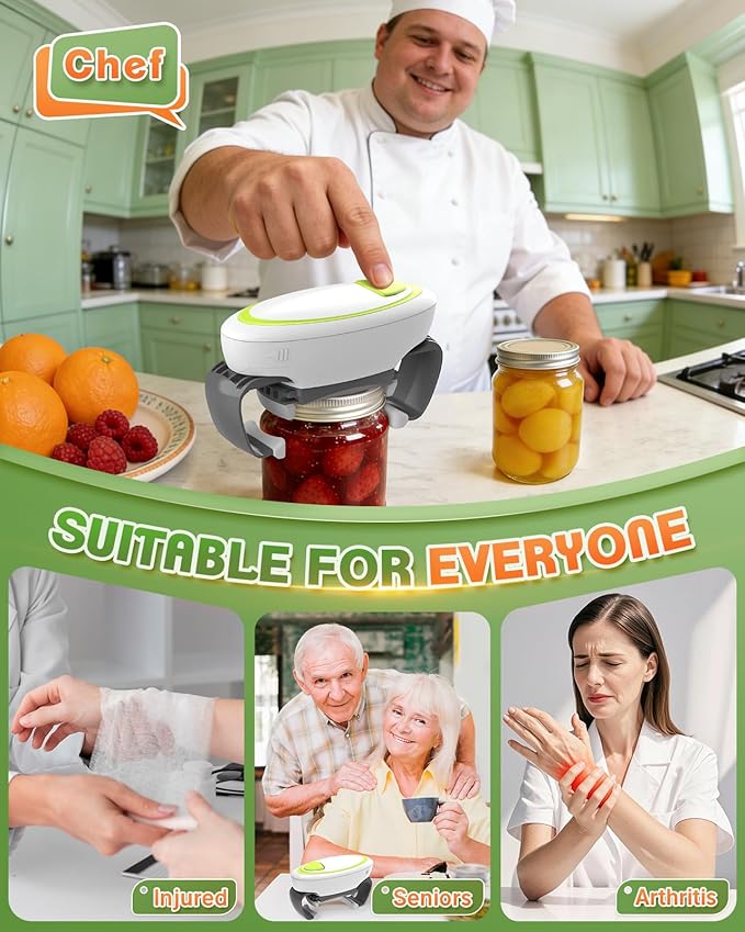 Electric Jar Opener One-Touch High Torque, Hands-Free Jar Opener for Weak Hands & Seniors, Battery Operated Jar Opener Kitchen Tool Fits Most Jar Sizes, White+Green
