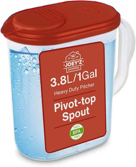 1 Gallon Water Pitcher with Lid & Pivot Top Spout -Slim Design Fits Fridge Door- Tea Pitcher 1 Gallon Plastic Pitcher with Lid 1 Gallon Pitcher with Lid Water Pitchers with Lids Plastic Water Pitcher