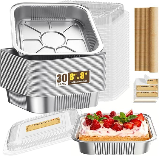 30 Pack Disposable Aluminum Foil Loaf Pans with Lids Stickers and Parchment Paper Sheets-8" X 8" Disposable Square Baking Cake Pans-Aluminum Foil Tins Portable Food Containers Kit