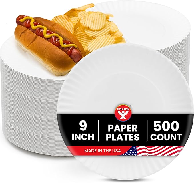 Hygloss Bulk Paper Plates 9-Inch - Uncoated Large Plain White Disposable Plates for Party, Dinner, Foodware, Events, Crafts & More - Environmentally Friendly - Recyclable & Microwave Safe (500 Count)
