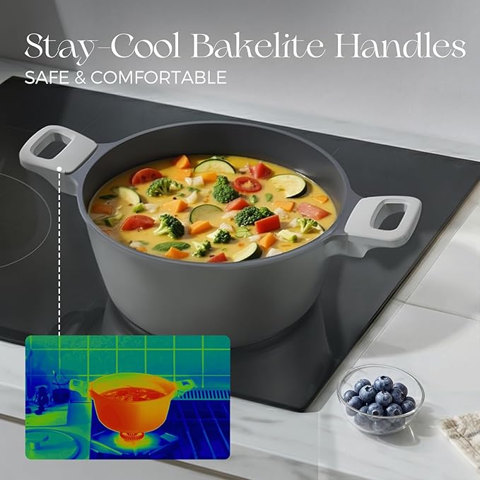 PRICUSIS Ceramic Nonstick Stock Pot with Silicone Rim Glass Lid, 4.5/7QT Soup Pot Casserole, Cooking Pot, Induction Compatible, Dishwasher Safe, Ideal for Pasta & Stews, PTFE PFOA Free, Blueberry Gray