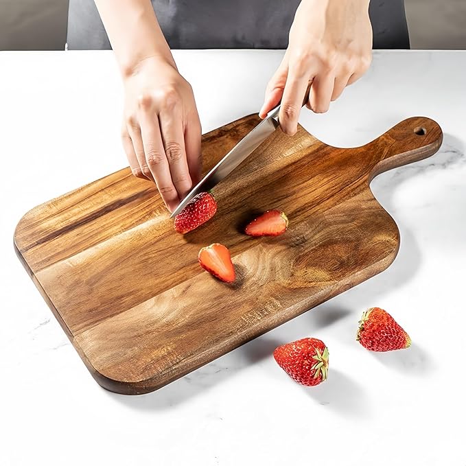 Acacia Wood Cutting Board with Handle - 14 x 7in, Wooden Chopping Board for Meat, Cheese, Bread, Fruits & Vegetables – Ideal Charcuterie & Serving Board, Durable Butcher Block