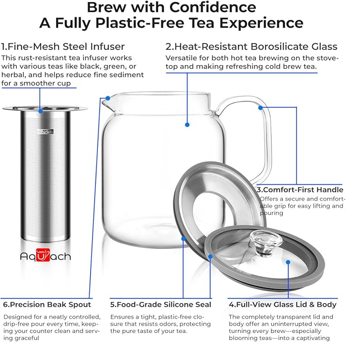 Aquach Glass Teapot with Infusers for Loose Tea, 68 Oz Glass Tea Kettle Dishwasher and Stovetop Safe, Plastic-Free Borosilicate Glass Tea Pot and Stainless Steel Tea Infuser