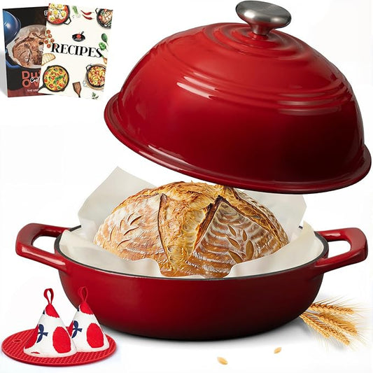 Overmont Enameled Cast Iron Bread Oven - 6QT Bread Dutch Oven for Sourdough Bread Baking - Bread Pot with Dome Lid Cotton Potholders & Cookbook - Multi-Functional Bread Pan For Baking Frying Roasting