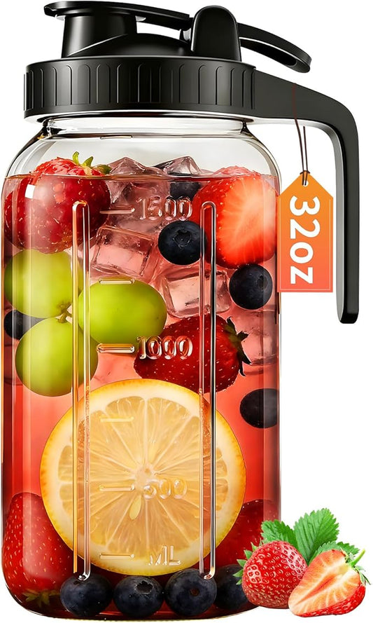32oz Glass Pitcher with Lid & Spout – 1 Quart Mason Jars, Airtight & Leakproof Breastmilk Pitcher for Cold Brew Coffee, Sun Tea, Water, Juice – Wide Mouth, Fridge Safe