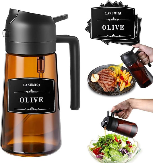 2 in 1 Oil Sprayer for Cooking, 16oz Olive Oil Dispenser Bottle for Kitchen, Food Grade Light-Blocking Leak Proof Glass Spray Bottle for Salad, Air Fryer, BBQ