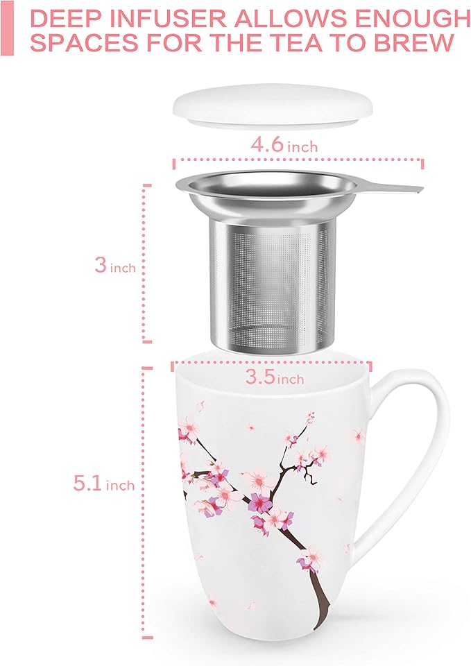 Tea Cup with Infuser and Lid for Steeping Loose Leaf Tea Bag Coffee Milk Women Office Home Gift 16oz Peach Blossoms