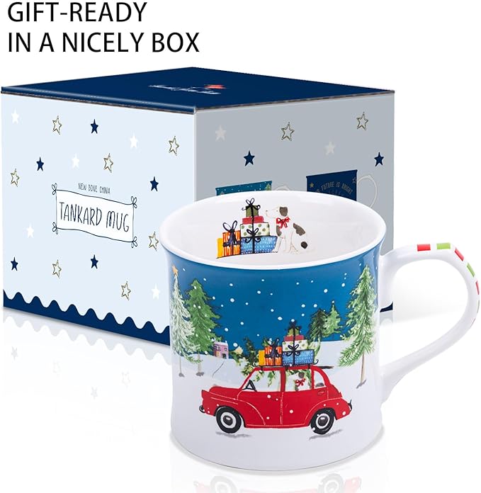 12 oz Christmas Car Coffee Mug, Festive New Bone China Mug with A Red Beetle in Snowy Winter Scene, Holiday Gift for Car Lovers, Kids & Family, Designed in England by Harvest Green Studio