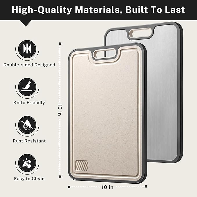 Titanium Cutting Board, Double Sided Cutting Boards for kitchen, Pure Titanium and Wheat Straw PP, Food-Grade, non Toxic - Easy to Clean