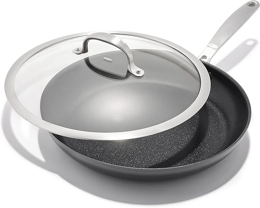 OXO Enhanced 12” Nonstick Frying Pan Skillet with Lid, Ceramic PFAS-Free Cookware, Durable Hard Anodized, Scratch Resistant, Stainless Steel Handle, Eggs & Omelets, Dishwasher & Oven Safe, Black