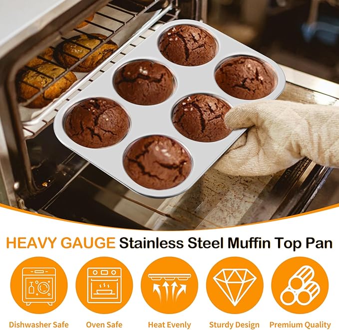 P&P CHEF Muffin Top Pan Set of 2, Stainless Steel 6-Cavity Shallow Cupcake Pans, Standard Bakeware for Eggs, Whoopie Pies, Cornbread, Cookies, Yorkshire Pudding, Easy Clean & Oven Safe, Silver