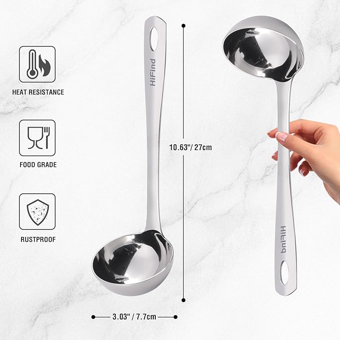 Large Ladle Spoon 10.6 Inches Stainless Steel, Heavy Duty Mirror Polished Cooking Utensil, Dishwasher Safe, Kitchen Serving Tool, Rust-Resistant Metal Unique Soup Spoon