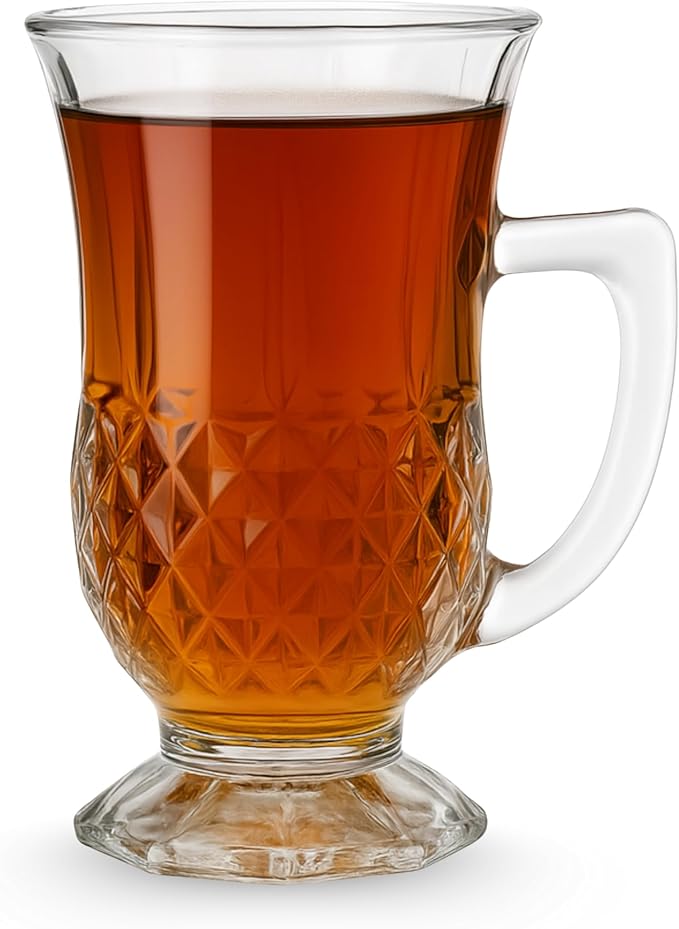 Footed Turkish Tea Glasses With Handle, Set of 6 Cups, Crystal Clear Tea and Latte Glasses, Slim Waist Design and Thick Sole Prevent the Drinks From Getting Cold, Dishwasher Safe, 5.5 oz