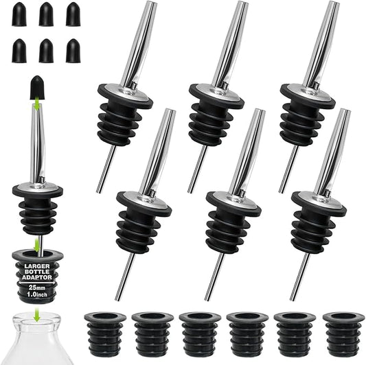 6PCS Bottle Pourer with Adapters, Oil Pourer Spout with Rubber Dust Caps, Stainless Steel Liquor Pour Spout, Speed Pourers for Alcohol, Olive Oil, Bartender Accessories