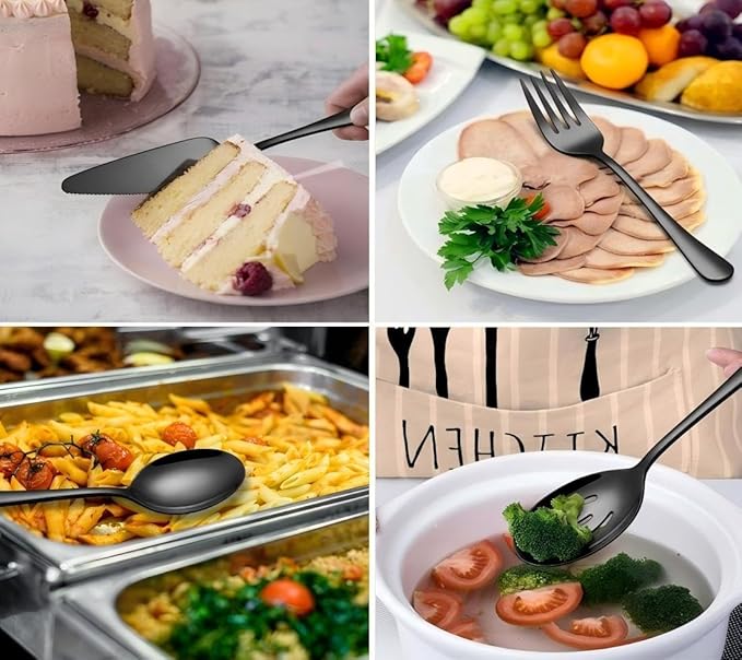 Serving Utensils, XEVOM 6-Piece Stainless Steel Serving Utensil Set Include Serving Spoon, Slotted Serving Spoon, Serving Fork,Serving Tong, Appetizers Tong,Pie Server(Black)