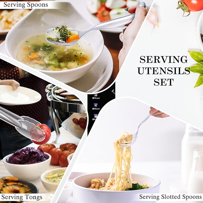 Mwellewm 36Pcs Serving Utensils Large Plastic Serving Utensils Set Serving Spoons for Buffet Clear Disposable Plastic Tongs 8.5'' Heavy Duty Slotted Spoons/Forks Supplies for Party Food Salad Soup