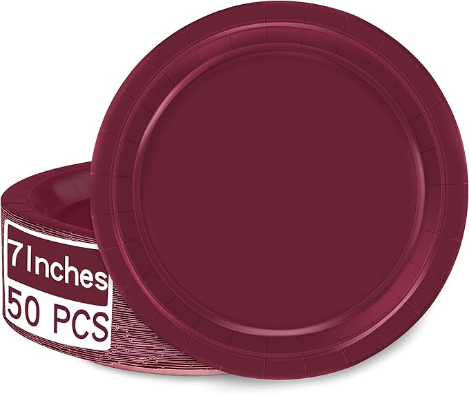QZYL 50 Pieces Paper Plates, 7" Burgundy Bulk Dessert Plates, Disposable Plates Party Supplies, Round Small Paper Plates, Burgundy Party Decorations for Bridal Dinner Holiday Travel Valentines