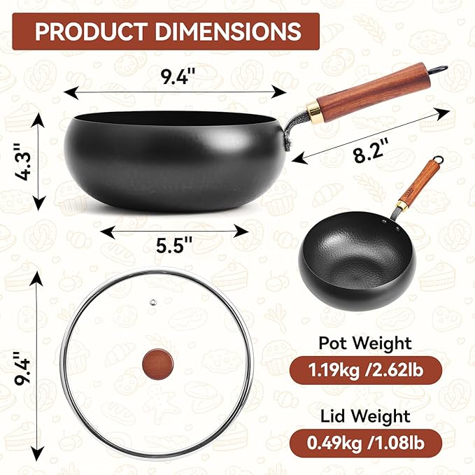 Carbon Steel Wok Pan with Lid, 9.4 Inch Big Belly Flat Bottom Wok, Coating-Free Stir Fry Pan for Gas, Electric, Ceramic & Induction, 3.5 QT Compact Wok for 1–3 Servings
