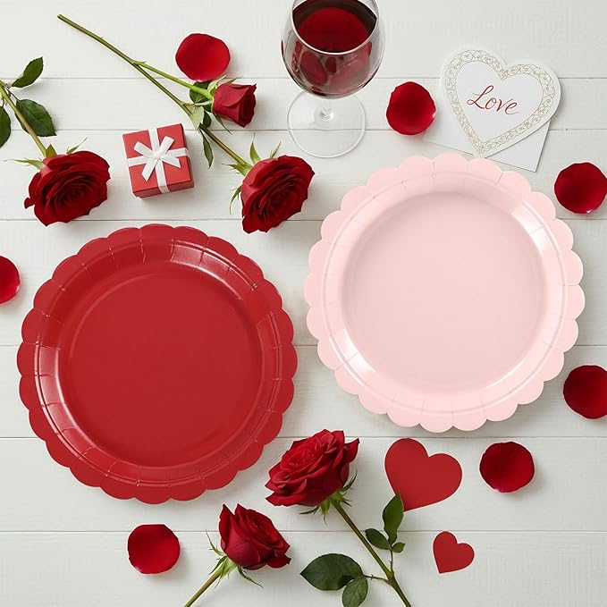 30 Pcs Red Paper Plates 9 Inch Scalloped Disposable Red Dessert Dinner Plate Cute Party Plates for Mothers Day, Birthday, Picnic
