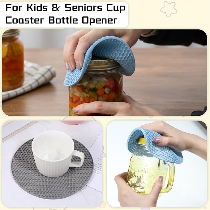 3 Pcs Silicone Jar Opener Pads, Multi-function Texture Can Opener Multipurpose Round Bottle Lid Openers Non-slip Coasters for Weak Hands Arthritis Seniors Children, Orange, Blue, Gray