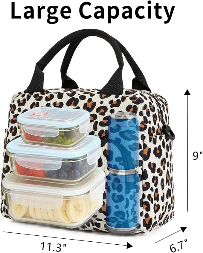 Lunch Box for Women Insulated Lunch Bag Women Adult Cute Lunch Bags Reusable Lunchbox Cooler Tote Bag for Work Picnic (Leopard)
