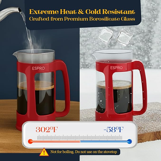 ESPRO P3 French Press Coffee Maker – Patented Double Micro-Filter for Grit-Free Brew, Heat Resistant thicker Borosilicate Glass Coffee press – (Red 32 oz)