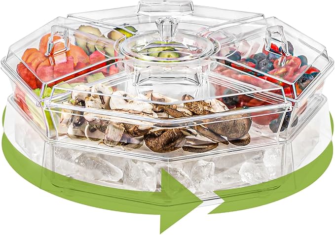 IVYHOME Ice Serving Lazy Susan, Chilled Food Containers with 4 Removable Dishes and Smooth Rotating Tray, Condiment Server with Separate Lids, for Bar Accessories, Fruit, Salad, Taco, Party Garnish