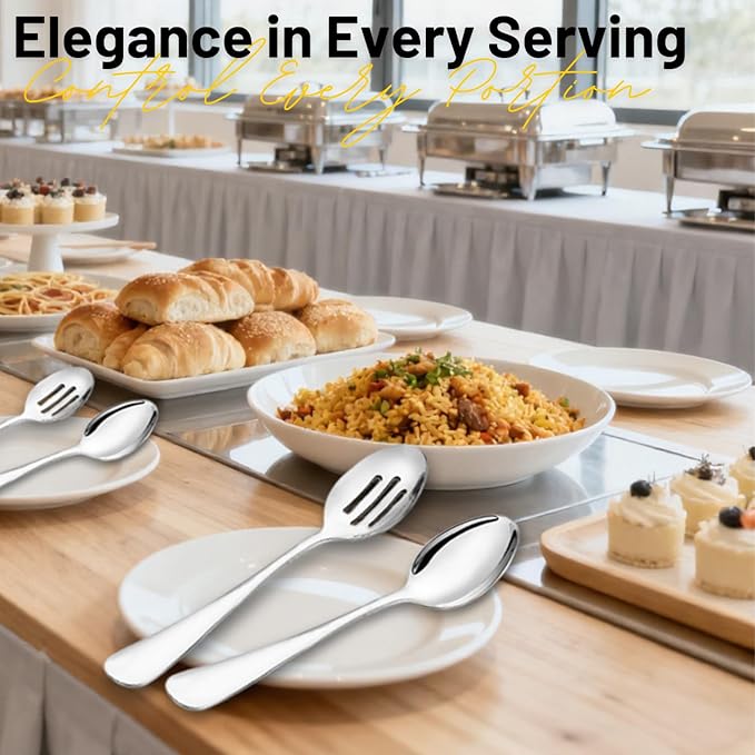 VIVANI 4-Piece Stainless Steel Buffet Serving Spoons Set, Include 2 Serving Spoons and 2 Slotted Spoons, Dishwasher Safe for Buffet, Catering and Party, 8.5 Inches