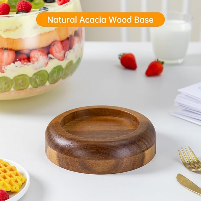 NiHome 203oz Extra Large Glass Trifle Bowl with Acacia Wood Stand, Serving Dish for Cakes, Salads, Desserts, Stylish Display for Parties, Weddings, Special Occasions, Durable Easy to Clean